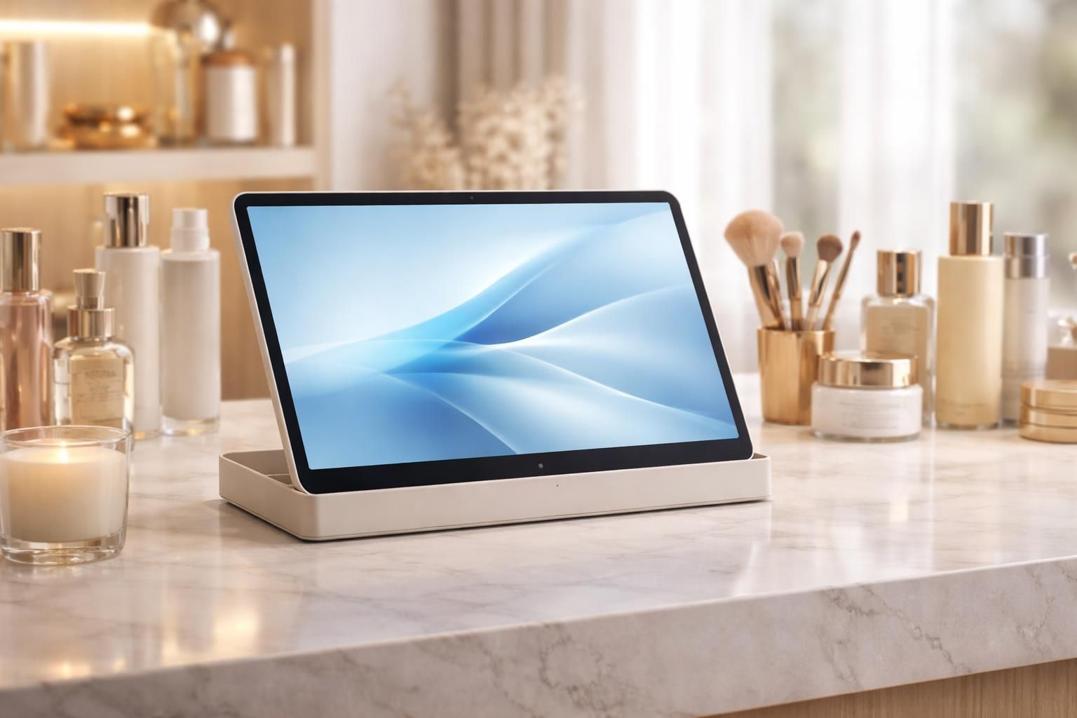 découvrez comment la tablette windows s'intègre parfaitement au comptoir beauté avec un dock discret, alliant fonctionnalité et esthétique pour un espace de travail optimisé.