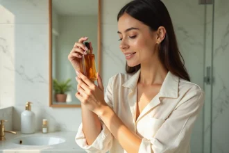 Jeune femme appliquant un parfum dupe sur son poignet dans une salle de bain en marbre blanc, geste naturel et quotidien