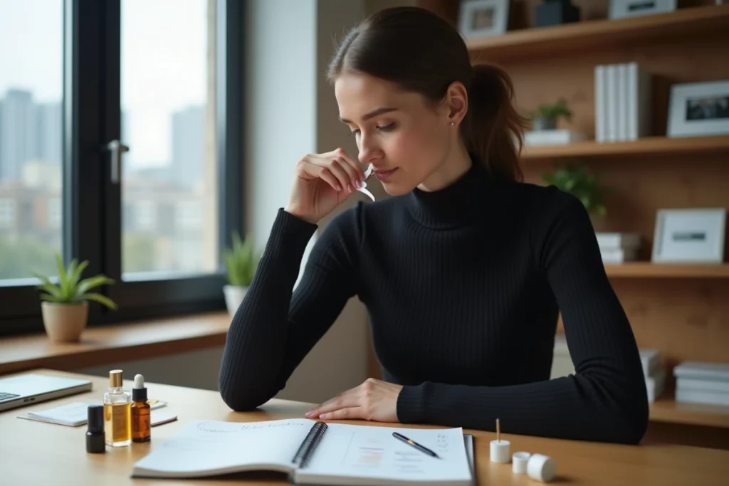 Femme testant des échantillons de parfums dupes sur des bandelettes à son bureau avec un carnet de notes comparatif