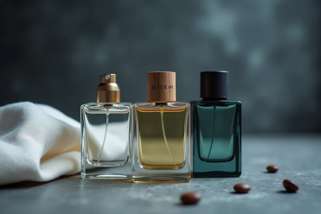 Trois flacons de parfum homme Lidl disposés sur une surface en béton brut avec un pochette blanche et des grains de café, photographie de produit éditoriale