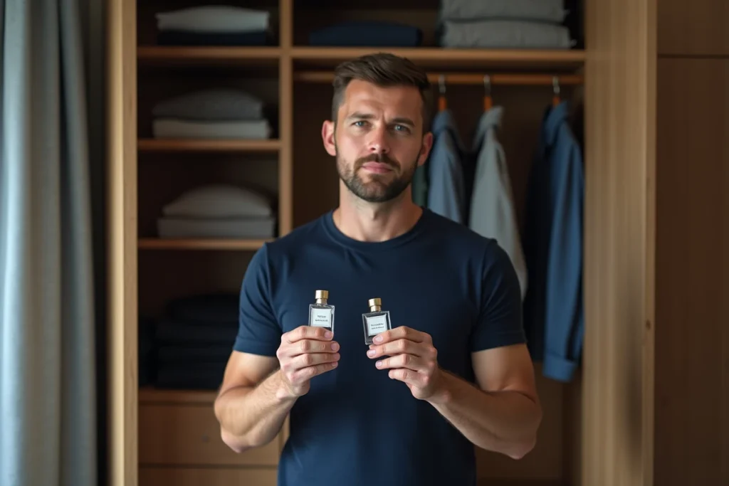 Homme comparant deux flacons de parfum dupe face à son armoire ouverte dans une chambre moderne en bois clair