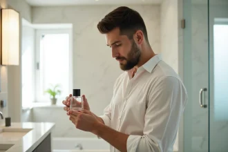 Homme tenant un flacon de parfum Lidl en verre et l'examinant dans une salle de bain moderne au style épuré