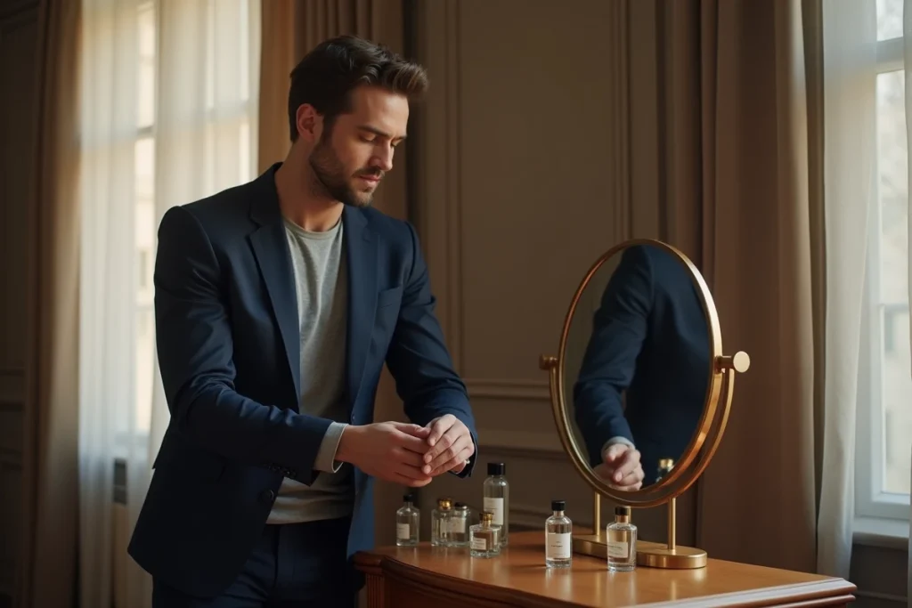 Homme en veste marine vaporisant un parfum Lidl sur son poignet devant un meuble de salle de bain parisien avec plusieurs flacons alignés