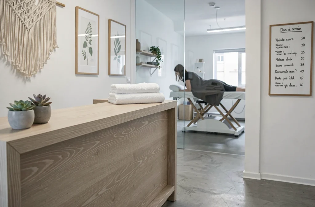 Accueil d'un salon de massage moderne à Toulouse, comptoir en bois clair avec serviettes pliées et aperçu d'une cabine de soin en arrière-plan
