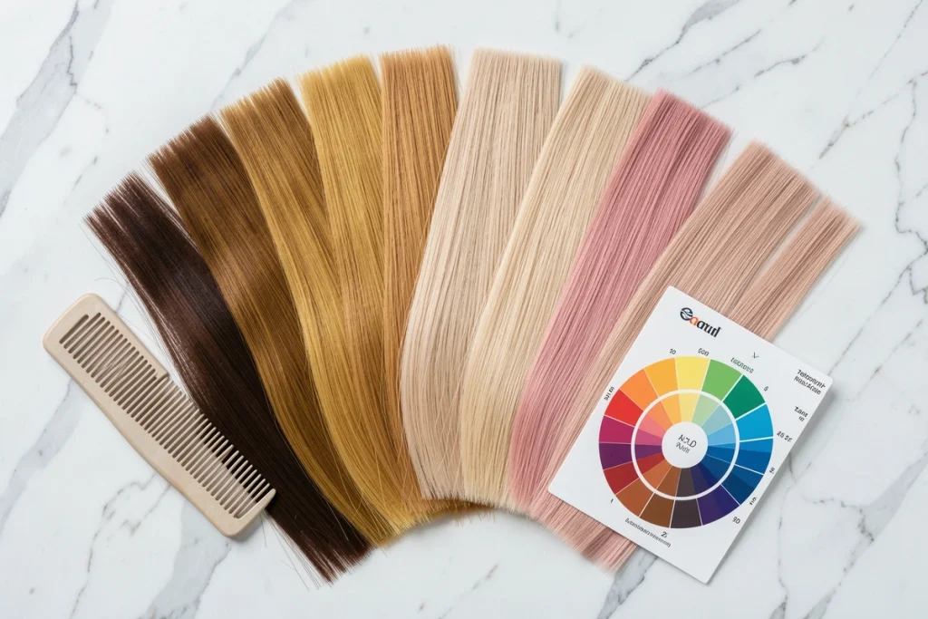 Assortiment de mèches Tape-in en différentes nuances disposées en dégradé sur fond marbre blanc avec accessoires de coiffure