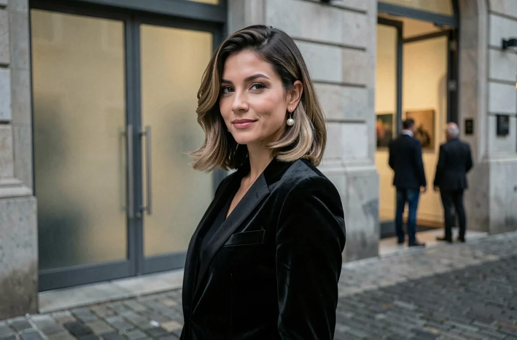 Femme en carré flou dégradé et blazer velours noir posant devant une galerie d'art contemporain pour une soirée chic