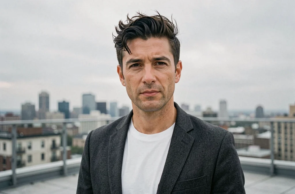 Homme aux cheveux fins foncés coiffés en crop texturé sur un toit terrasse urbain, style magazine masculin