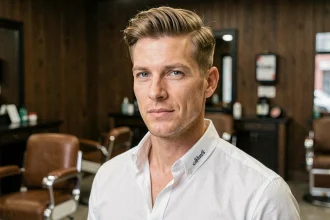 Homme aux cheveux fins coiffés en quiff texturé dans un salon de coiffure moderne, style éditorial réaliste