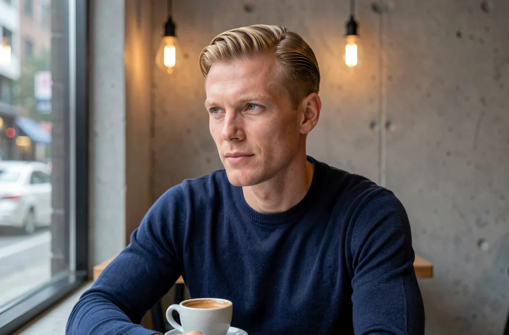 Jeune homme aux cheveux fins blonds coiffés avec une raie sur le côté dans un café minimaliste urbain