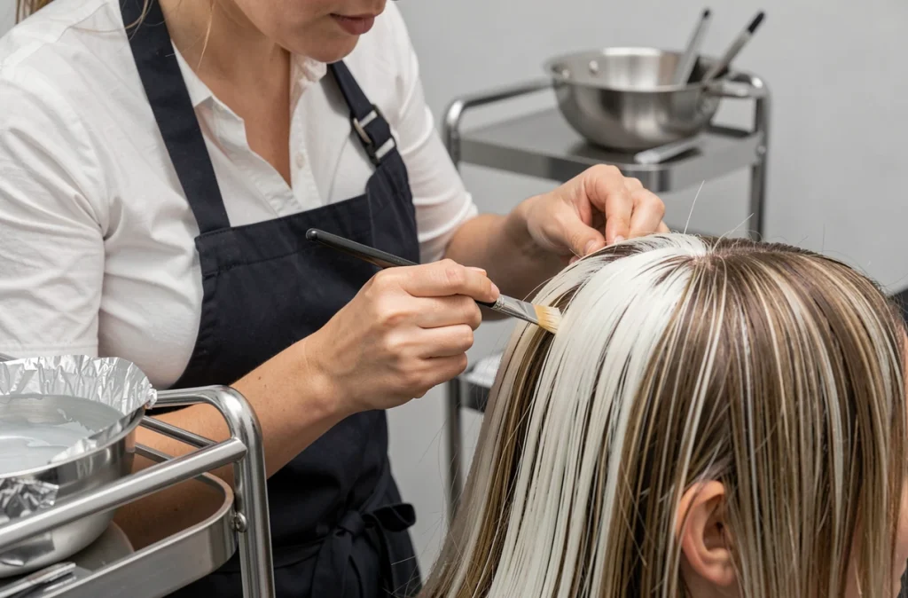 Coiffeuse professionnelle appliquant une correction de couleur sur des racines blanches avec un pinceau de teinture