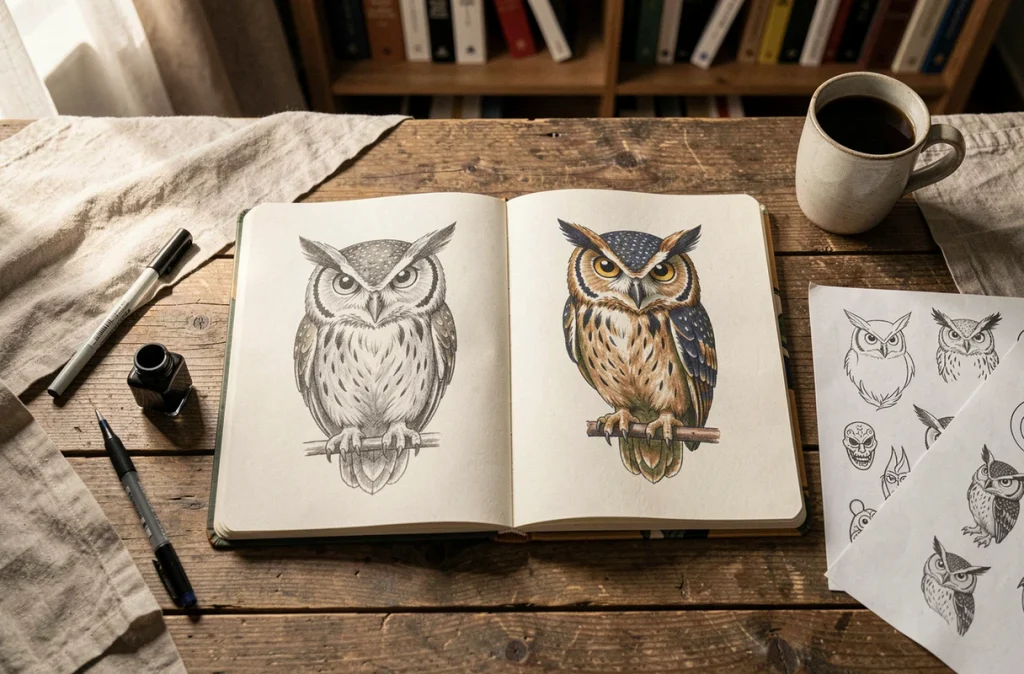 Comparaison de croquis de tatouage hibou en noir et gris et en couleur dans un carnet de tatoueur sur bureau en bois