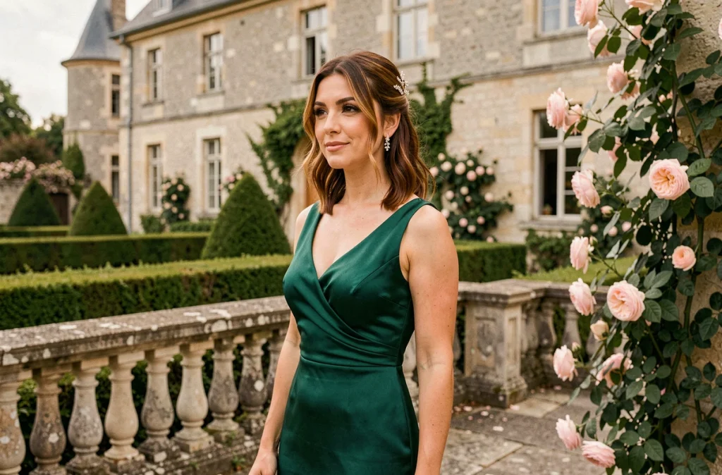 Femme en robe émeraude avec dégradé châtain caramel mi-long coiffé en demi-queue, photographiée sur la terrasse d'un château français pour un mariage