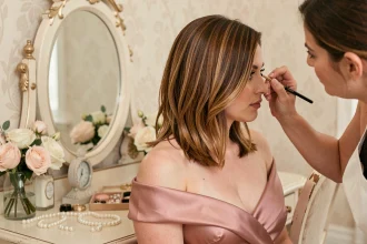 Femme aux cheveux mi-longs dégradés miel et brun préparée pour un mariage, assise devant une coiffeuse vintage avec accessoires nacrés