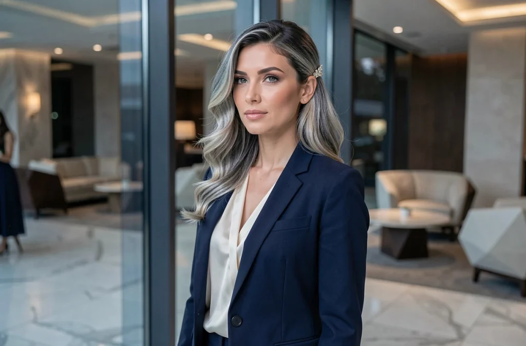 Femme aux cheveux mi-longs dégradés blond cendré coiffés en vagues romantiques, prête pour une soirée dans un hôtel de luxe