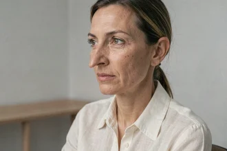 Portrait en trois-quarts d'une femme au nez aquilin marqué, illustrant l'harmonie du visage selon la morphopsychologie