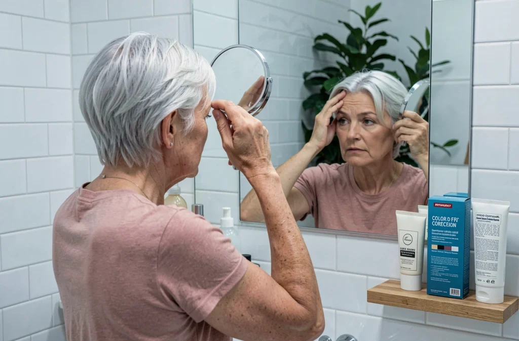 Femme examinant ses racines blanches dans un miroir de salle de bain avec un kit de correction de couleur sur le plan vasque