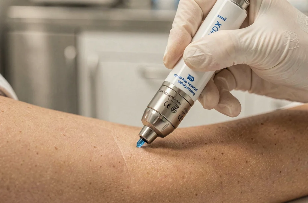 Gros plan sur une pièce à main laser médicale appliquée sur la peau lors d'une séance de traitement dermatologique