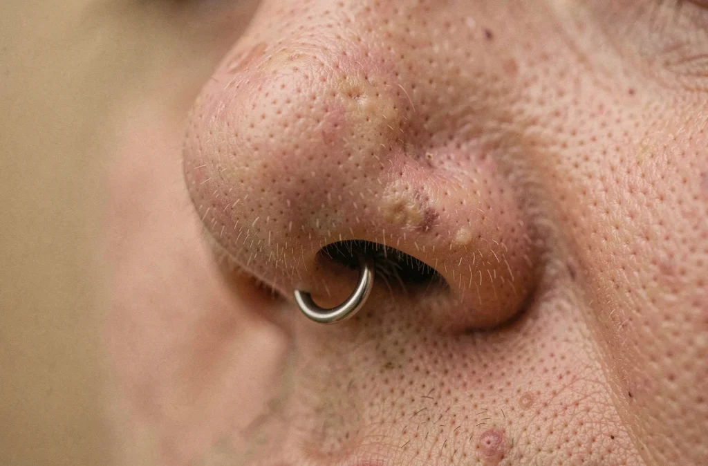 Gros plan macro sur un piercing nez en titane montrant des signes de rejet avec discoloration cutanée autour du bijou