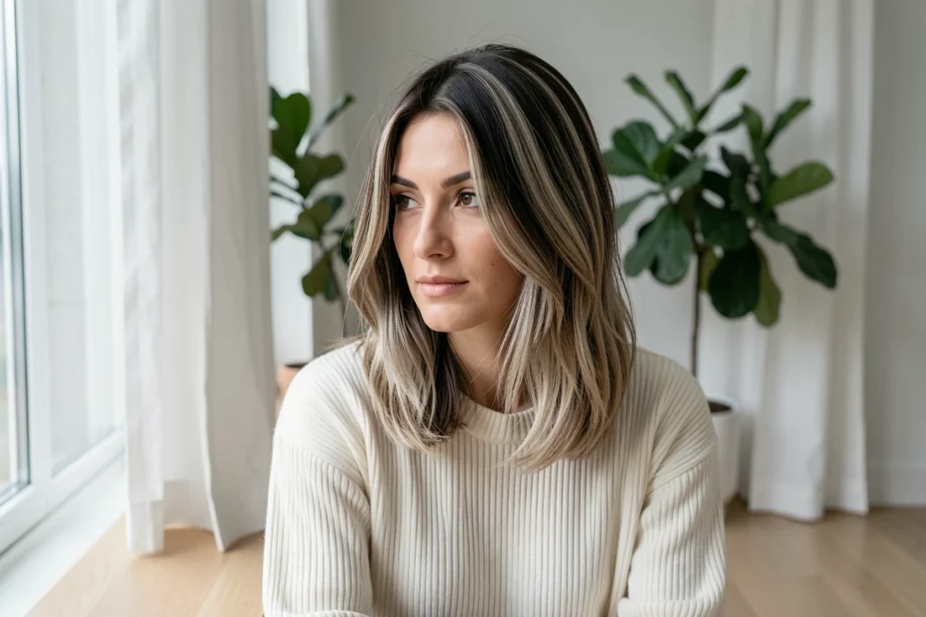 Femme aux cheveux naturels harmonieusement mélangés avec des extensions Tape-in et des mèches blond cendré