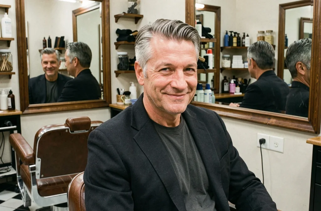Homme aux cheveux poivre et sel assis dans un fauteuil de barbier admirant le résultat d'une teinture naturelle
