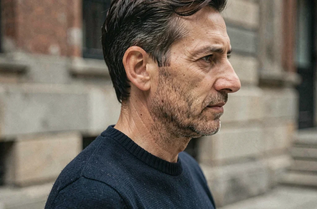 Portrait de profil d'un homme au nez aquilin proéminent dans un contexte urbain, étude de la morphologie du visage
