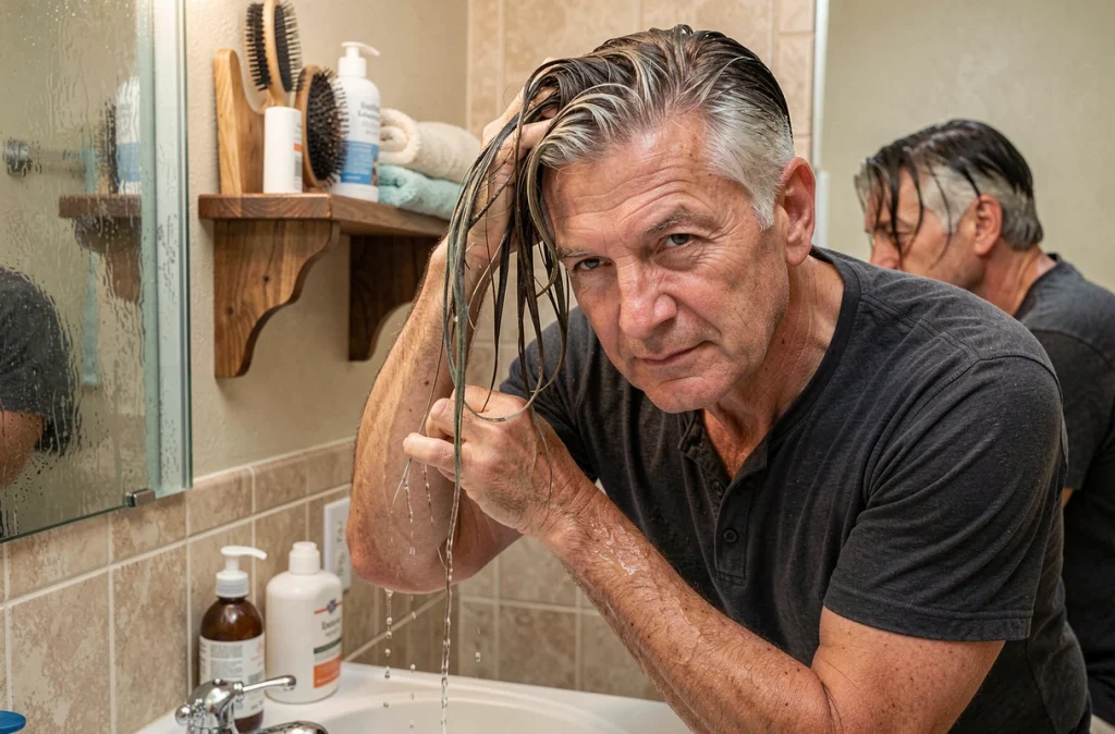 Homme mature rinçant une coloration pour cheveux gris au-dessus d'un lavabo de salle de bain