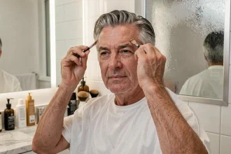 Homme dans la quarantaine appliquant une teinture cheveux gris devant un miroir de salle de bain moderne