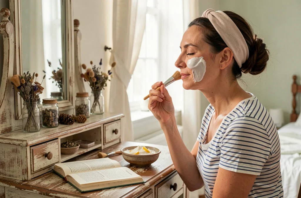 Femme appliquant un masque maison au blanc d'œuf et citron sur la peau avec un pinceau devant une coiffeuse vintage