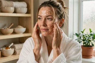 Femme appliquant un masque maison au miel et à l'avoine pour raffermir la peau avant une sortie