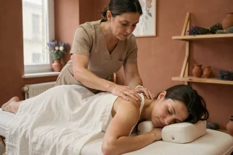 Femme recevant un massage du dos dans un salon de bien-être à Toulouse, ambiance apaisante avec décor en bois et lavande séchée