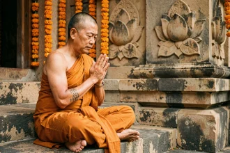 Moine bouddhiste avec tatouage Sak Yant traditionnel visible sur l'avant-bras, assis devant un temple en Thaïlande