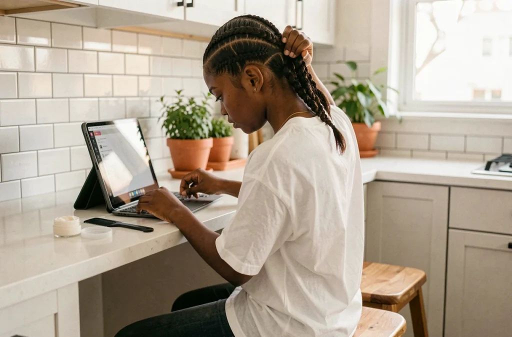 Adolescente apprenant à faire des nattes collées seule grâce à une tablette dans une cuisine moderne