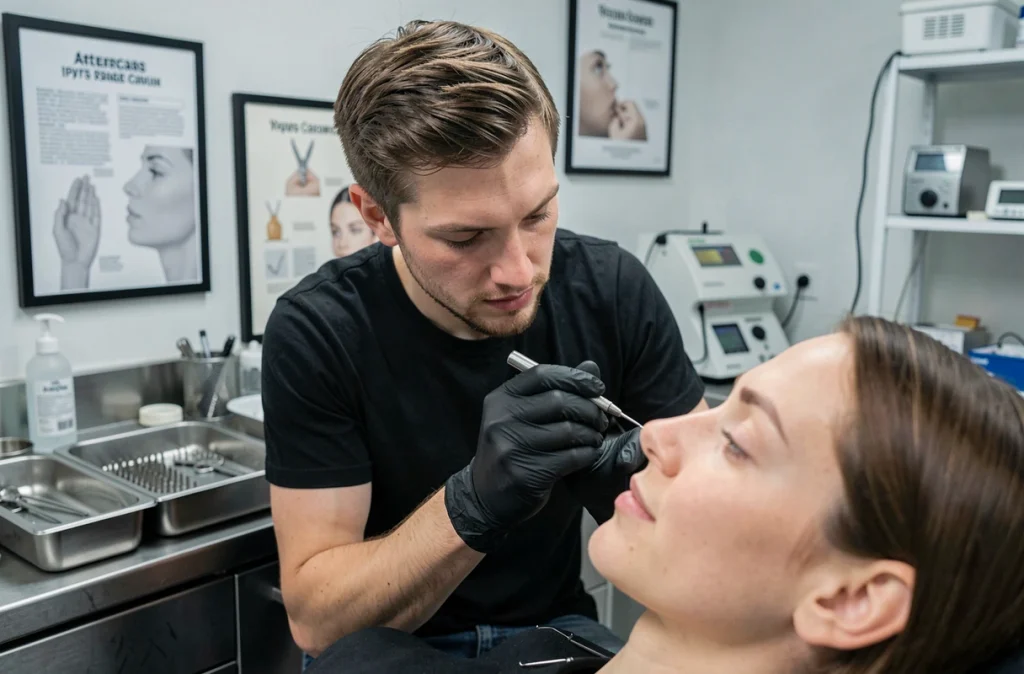 Perceur professionnel examinant un piercing nez rejeté sur un client dans un studio de tatouage propre