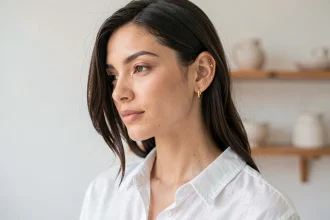 Femme aux multiples piercings tendance 2026 : hélix, tragus et constellation de lobes avec bijoux dorés