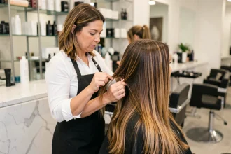 Coiffeuse professionnelle posant des extensions Tape-in sur une cliente aux mèches caramel dans un salon moderne