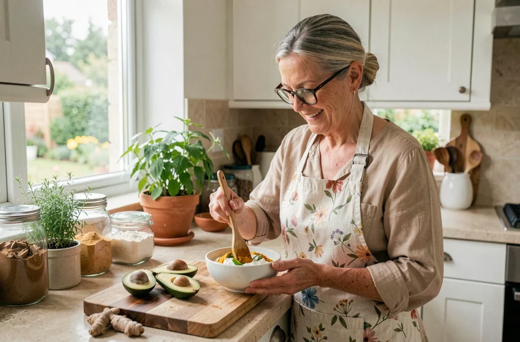 Femme mûre préparant un masque naturel raffermissant à l'avocat et au curcuma dans une cuisine lumineuse