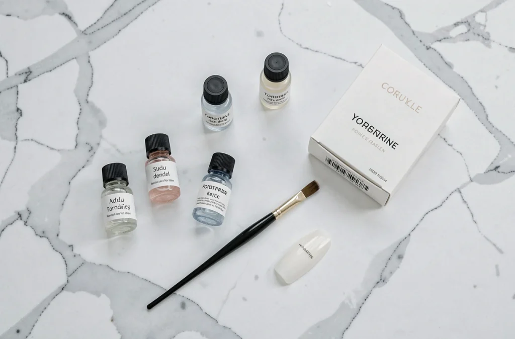 Assortiment de produits professionnels pour ongles en porcelaine disposés sur marbre blanc dans un salon de beauté
