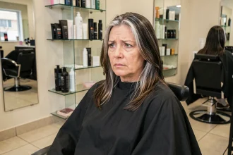Femme aux racines blanches visibles contrastant avec une couleur brune dans un salon de coiffure professionnel