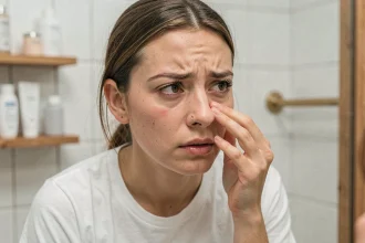 Jeune femme examinant son piercing nez avec une expression inquiète devant un miroir de salle de bain