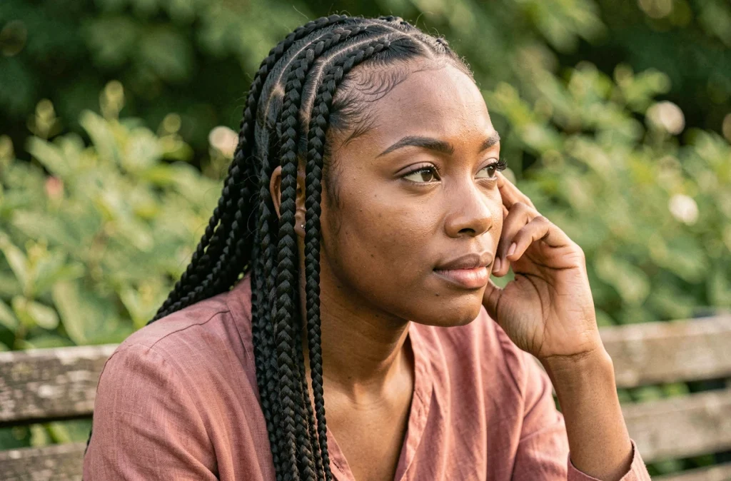 Portrait en gros plan d'une femme noire arborant des nattes collées soignées et symétriques dans un cadre extérieur