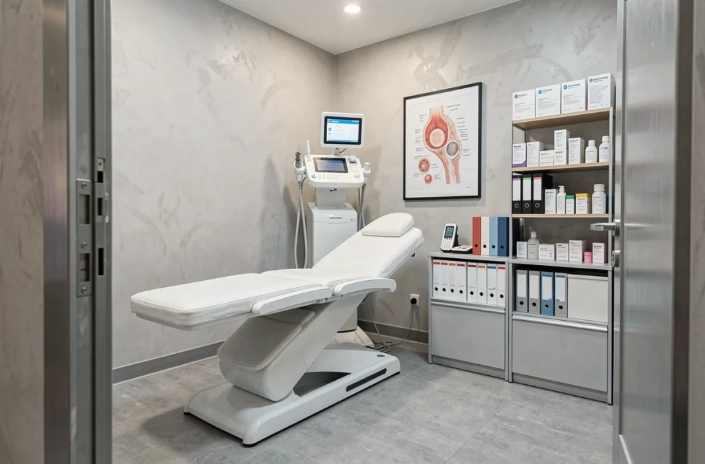 Salle de traitement laser vide dans un centre esthétique moderne avec équipement médical professionnel et mobilier clinique