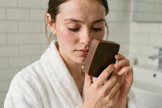 Jeune femme tenant un savon d'Alep brun foncé près de son visage avec peau naturelle légèrement acnéique dans une salle de bain blanche épurée