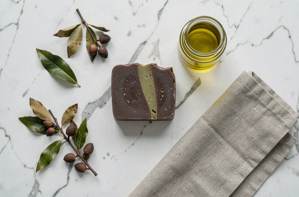 Savon d'Alep coupé révélant l'intérieur vert olive posé sur marbre blanc avec baies de laurier et huile d'olive pour soin visage acnéique