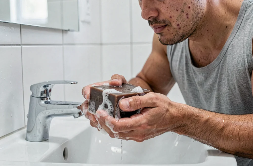 Homme se lavant le visage avec du savon d'Alep en créant une mousse sur ses mains au-dessus d'un lavabo moderne pour traiter peau grasse et acné