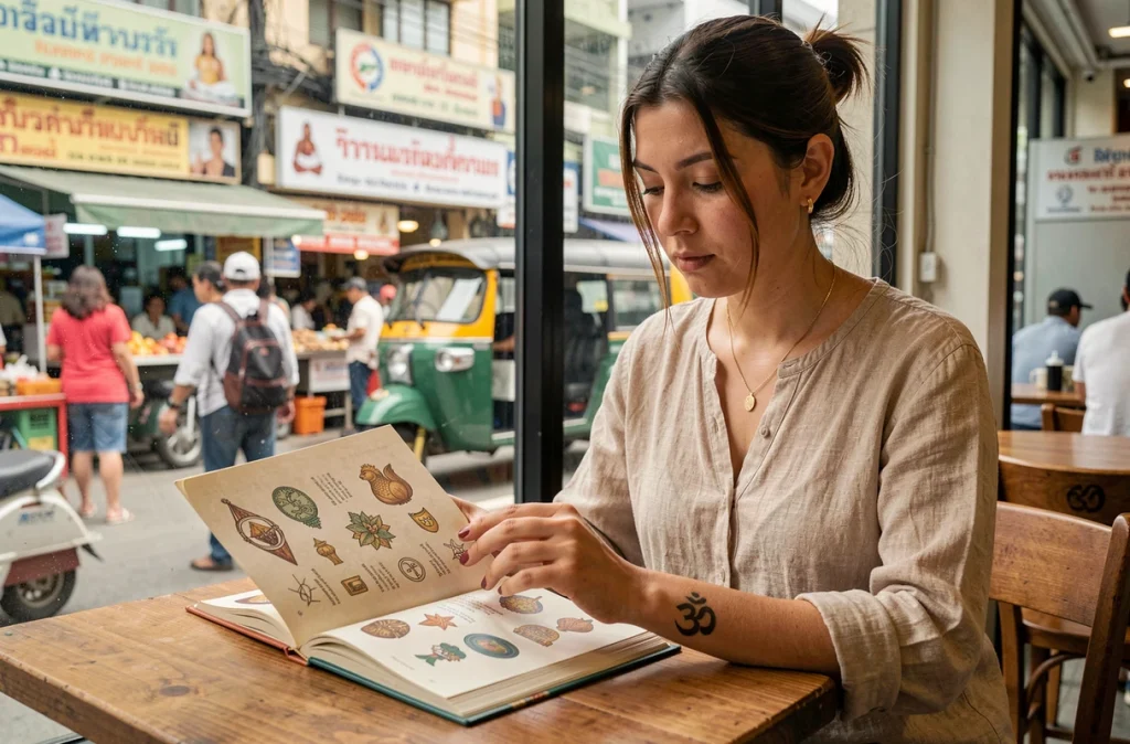 Touriste occidentale avec tatouage bouddhiste au poignet consultant un livre sur la signification des symboles religieux à Bangkok