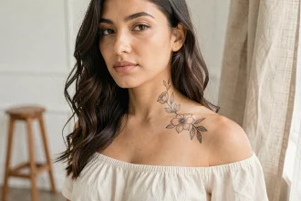 Jeune femme avec un tatouage floral délicat sur la clavicule et l'épaule, top blanc épaules dénudées, style minimaliste en studio lumineux