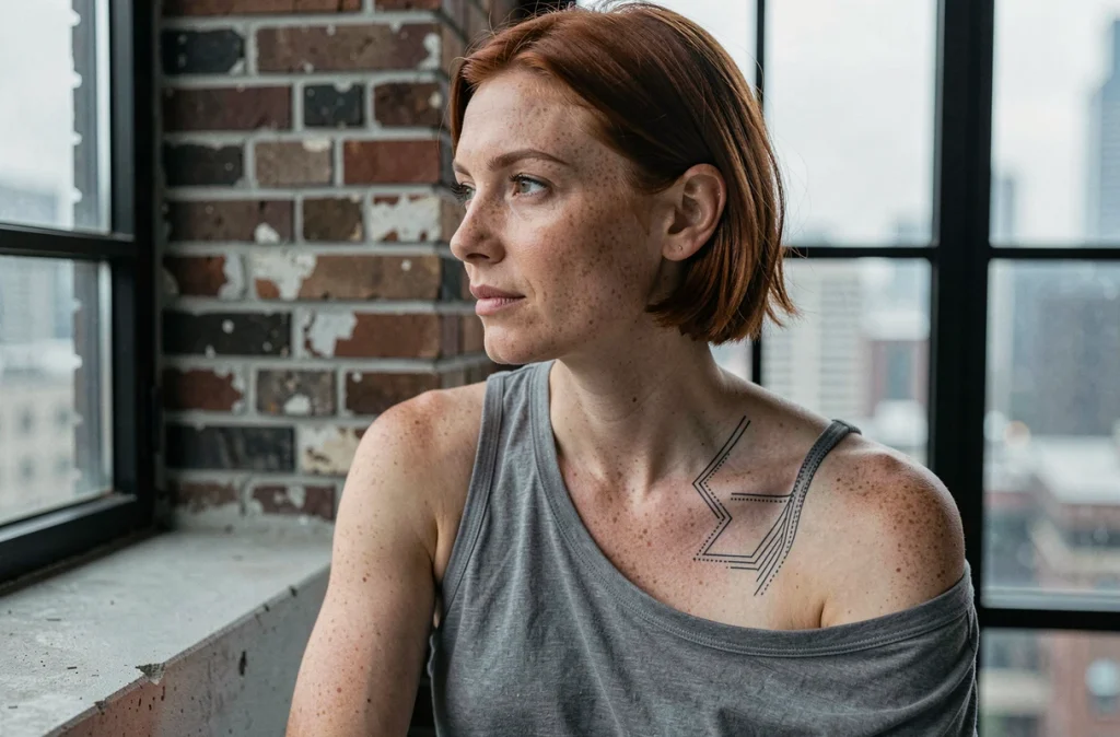 Femme rousse assise près d'une fenêtre urbaine avec un tatouage géométrique minimaliste sur la clavicule, ambiance appartement industriel