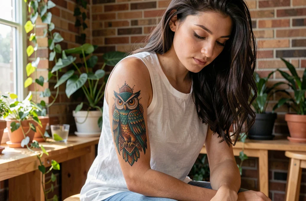 Tatouage hibou en couleur sur le bras d'une femme avec motifs géométriques et palette teal et orange dans un studio botanique