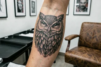 Tatouage hibou en noir et gris sur l'avant-bras avec détails de plumes et ombrage fin dans un studio de tatouage professionnel
