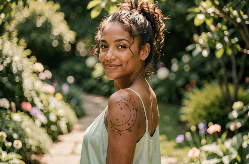 Femme aux cheveux bouclés dans un jardin fleuri avec un tatouage lune et étoiles sur l'épaule et la clavicule, ambiance lumineuse et naturelle